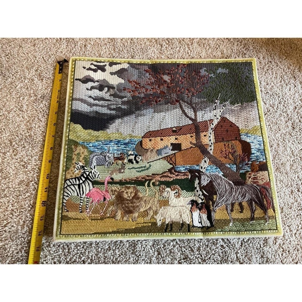 Vintage Noah's Ark Needle Point ART Textured Work 16" Picture Handmade Frameless